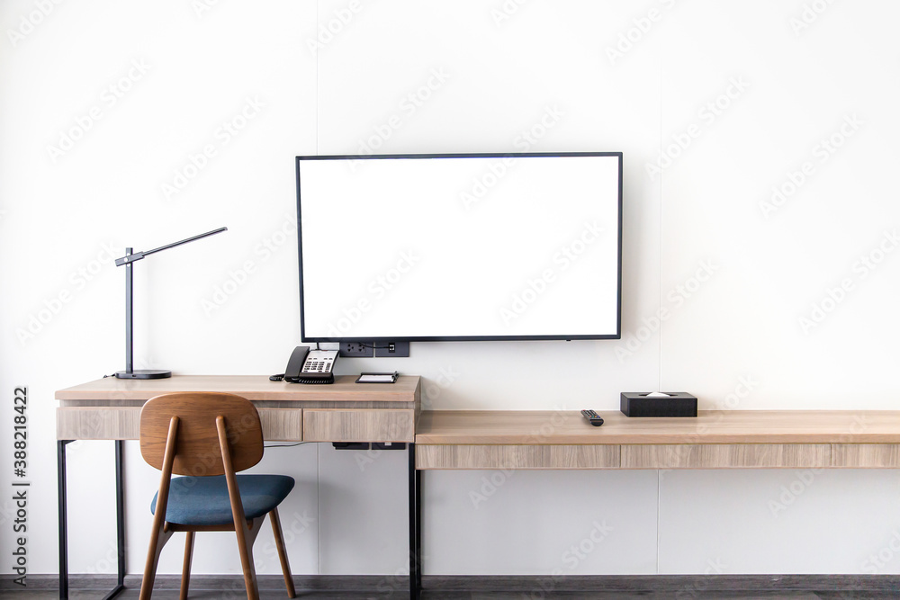 Living room interior led tv stand on white wall mounted with wooden ...