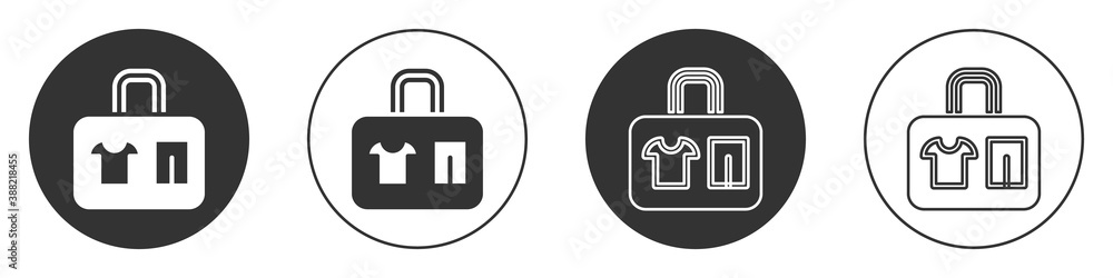 Black Suitcase for travel icon isolated on white background. Traveling baggage sign. Travel luggage icon. Circle button. Vector. Black Suitcase for travel icon isolated on white background. Traveling baggage sign. Travel luggage icon. Circle button. Vector.