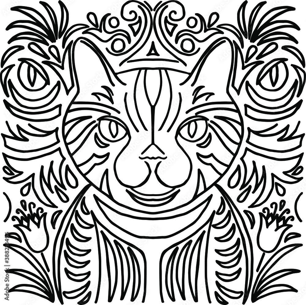 Fototapeta premium Drawing of a cat with a beautiful ornament. For drapery on fabric.