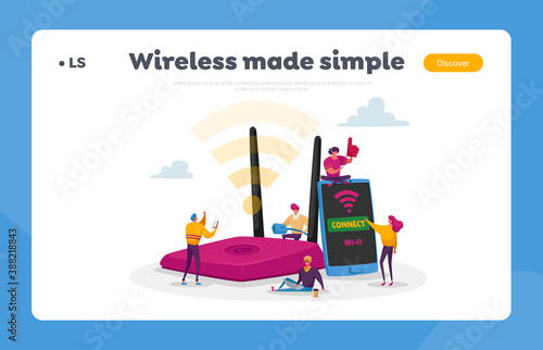 Network Technology, Free Wi-fi Hotspot Landing Page Template. Tiny Characters at Huge Router use Internet via Wifi