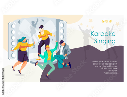 Karaoke singing web banner. Young woman performing song on stage at karaoke bar or night club. Joyful people dancing and having fun at party flat vector illustration