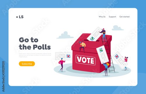 Election and Social Poll Landing Page Template. Tiny Voters Characters Casting Ballots at Polling Place During Voting