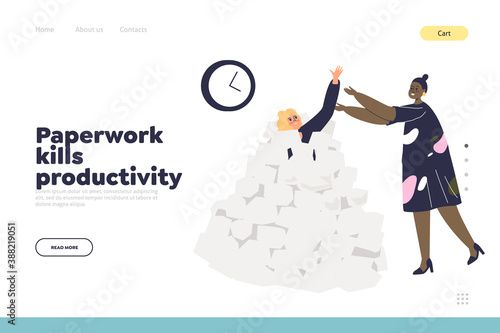 Paperwork and productivity concept of template landing page with businesswoman sinking in papers