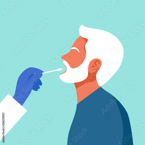 Mouth saliva test using swab concept vector illustration. COVID-19 Coronavirus or DNA test. Doctor keep saliva sample from senior old man patient.