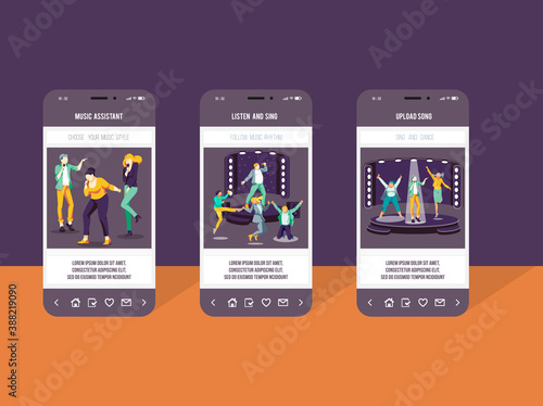 Music assistant smartphone screen templates set. Karaoke, digital entertainment service mobile phone interface page. Singing song online club performance flat vector illustration