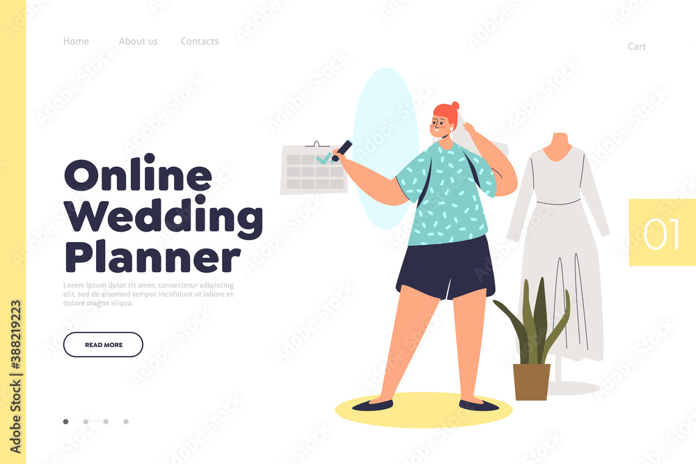 Online wedding planner website landing page with young bride preparing for wedding ceremony