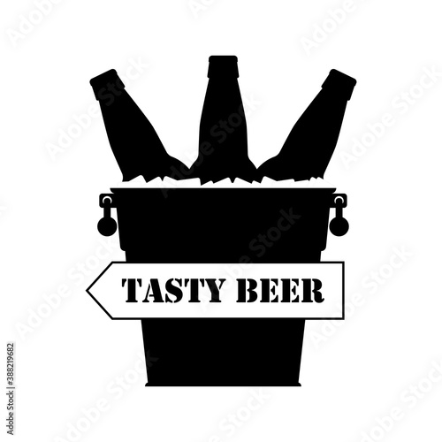 "Tasty beer" arrow with inscription on metal beer bucket full of ice with beer bottles. Black silhouette. Isolated vector illustration, icon.