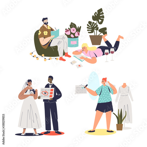 Wedding preparations and planning set with cartoon grooms and brides preparing for marriage