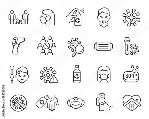 Coronavirus updated Icon Set. Collection of simple linear web icons such Virus, Pyrometer, Distance, Mask, Antiseptic, Symptoms, Disinfection, Test and others. Editable vector stroke.