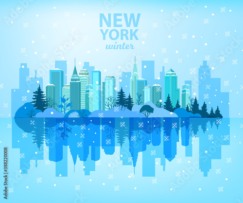 Photography Winter Christmas city with holiday New York distant view, reflections, snowflakes, trees