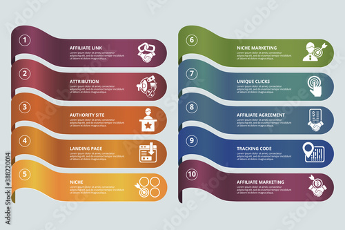 Infographic Affiliate Marketing template. Icons in different colors. Include Affiliate Link, Attribution, Authority Site, Landing Page and others.