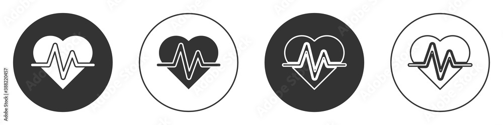Black Heart rate icon isolated on white background. Heartbeat sign. Heart pulse icon. Cardiogram icon. Circle button. Vector. Black Heart rate icon isolated on white background. Heartbeat sign. Heart pulse icon. Cardiogram icon. Circle button. Vector.
