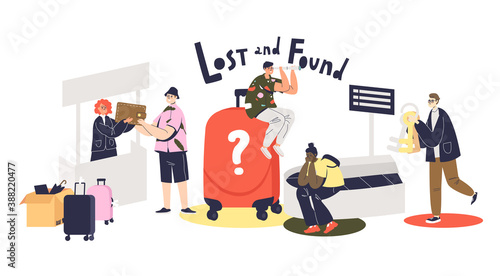 Lost and found service concept with cartoons loosing and finding baggage, wallets, keys