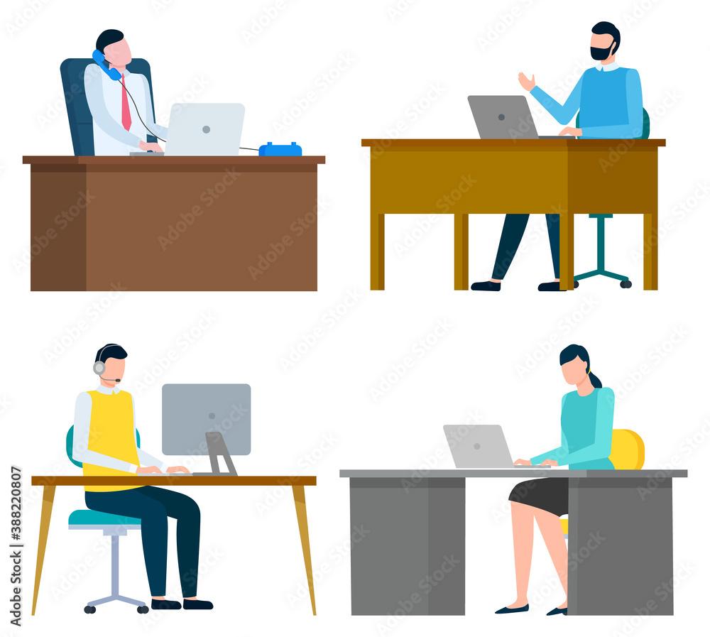 People sitting on their workplaces on desk chairs with laptops. Woman and man working in office in international company. Four workers on white background. Vector cartoon illustration in flat style People sitting on their workplaces on desk chairs with laptops. Woman and man working in office in international company. Four workers on white background. Vector cartoon illustration in flat style
