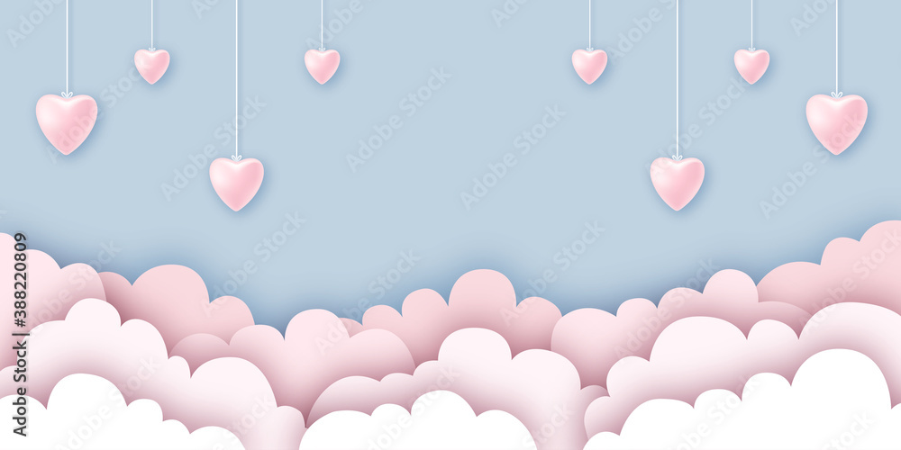 Hintergrund in Papierschnitt, Wolken, Herzen hängen von der Decke. Blue Banner, Freisteller. Valentinstag, Muttertag	