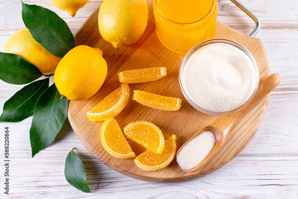 Jelly yellow candies made from gelatin powder, agaragar (vegetarian