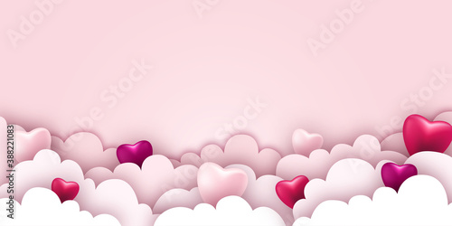 Hintergrund in Papierschnitt, Herzen hinter Wolken versteckt. Pink Banner, Freisteller. Valentinstag, Muttertag	