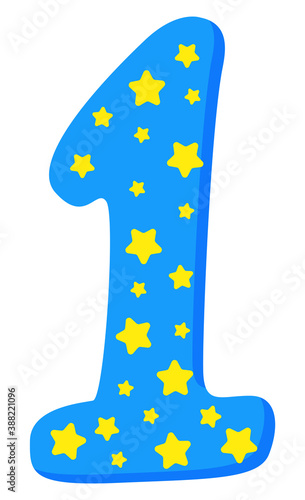 One number decoration element blue with golden stars inside isolated on white background. Photozone accessories for first anniversary of kid. Birthday party, balloon flat vector illustration