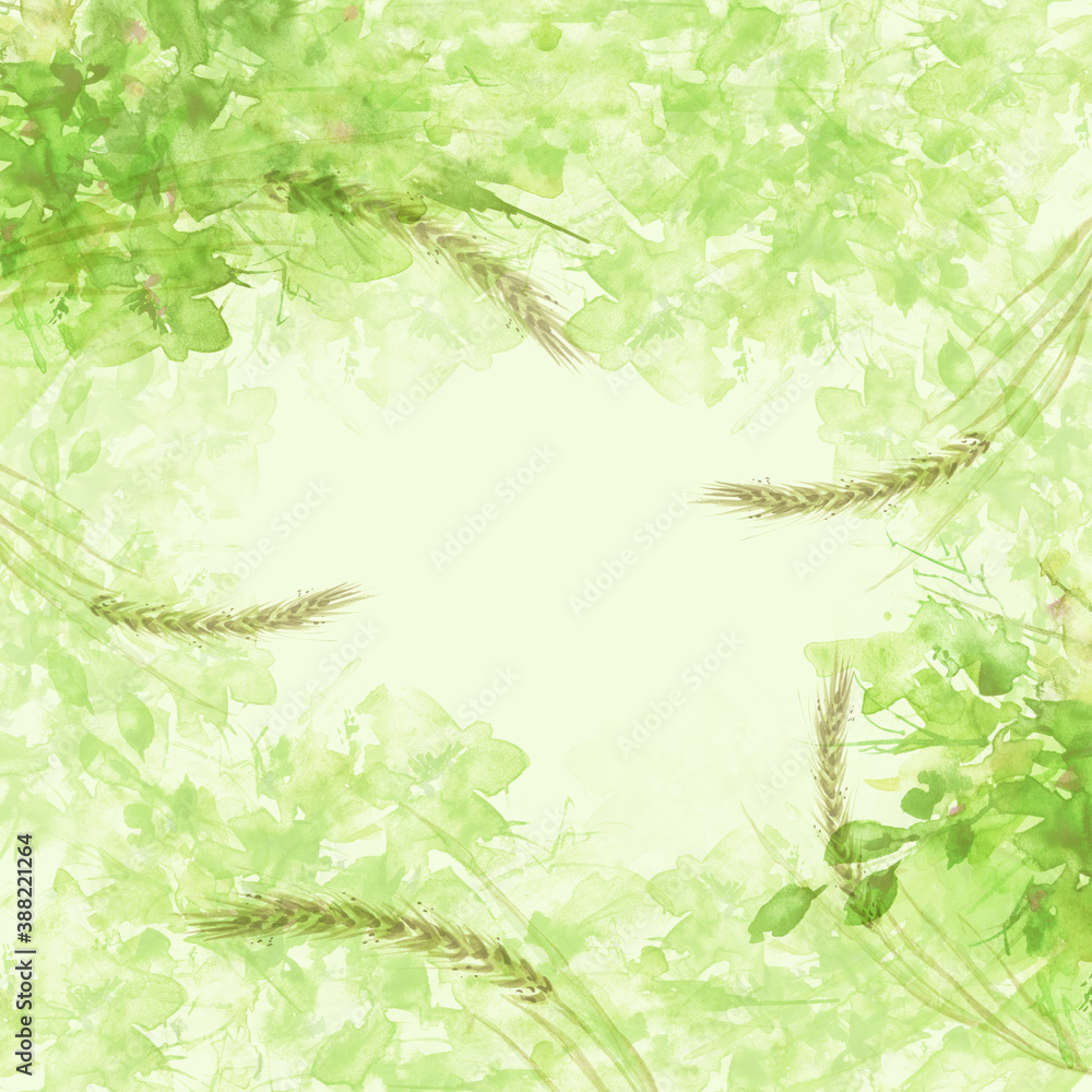 Watercolor garden flowers. Spring flowering of apple, pear. flower of the field. For your postcard, site, invitation, design. Vintage art drawing. Abstract splash of paint. Wheat, spikelet.Green paint