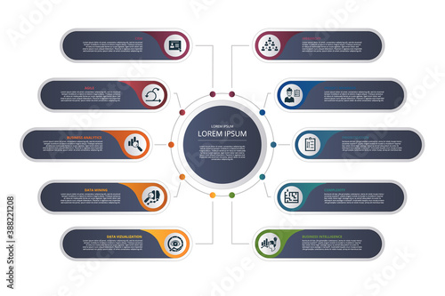 Infographic Business Intelligence template. Icons in different colors. Include Crm, Agile, Business Analytics, Data Mining and others.