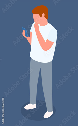 Smartphone using, man with mobile phone, isometric 3d young guy in casual clothes, male holding phone, looking at screen, customer user of cellphone, isolated cartoon character and modern technology