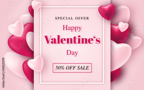 Happy Valentine's Day, Special Offer - Hintergrund, Herzen in 3D. Pink Banner, Valentinstag	