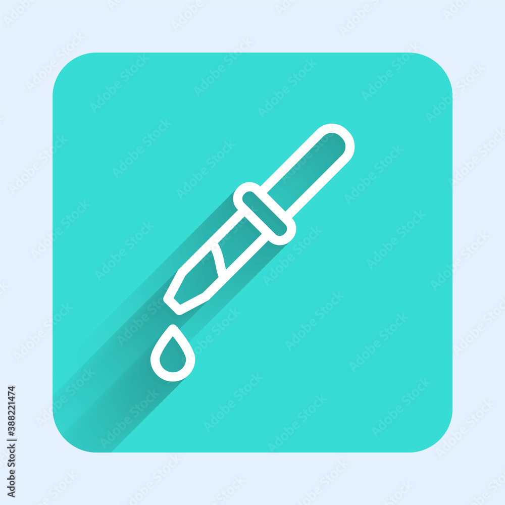 White line Pipette icon isolated with long shadow. Element of medical, chemistry lab equipment. Pipette with drop. Medicine symbol. Green square button. Vector. White line Pipette icon isolated with long shadow. Element of medical, chemistry lab equipment. Pipette with drop. Medicine symbol. Green square button. Vector.