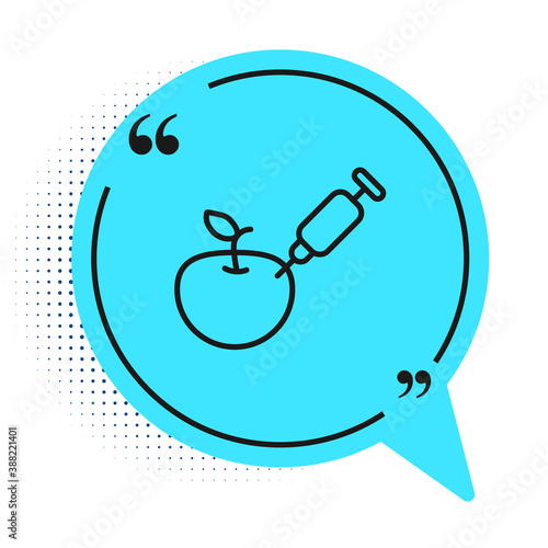 Black line Genetically modified apple icon isolated on white background. GMO fruit. Syringe being injected to apple. Blue speech bubble symbol. Vector.