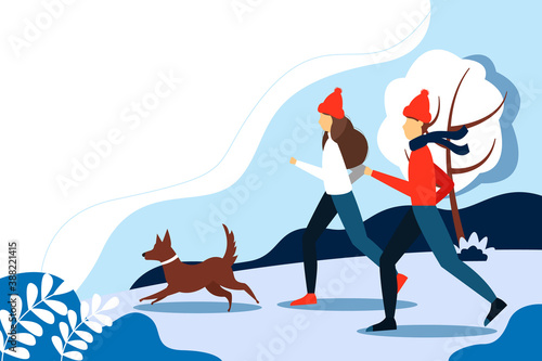 Man and woman running with the dog in the Park in winter. Cute vector illustration in flat style.