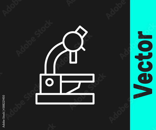 White line Microscope icon isolated on black background. Chemistry, pharmaceutical instrument, microbiology magnifying tool. Vector.