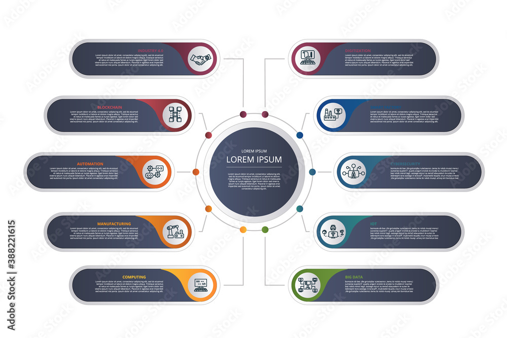 Infographic Industry 4.0 template. Icons in different colors. Include Industry 4.0, Blockchain, Automation, Manufacturing and others. Infographic Industry 4.0 template. Icons in different colors. Include Industry 4.0, Blockchain, Automation, Manufacturing and others.