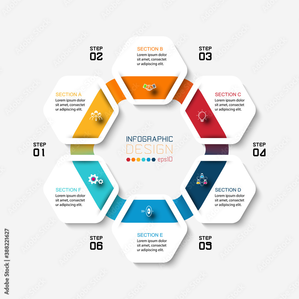 The hexagon shape flower design vector represents the process and work process with 6 steps. infographic illustration. The hexagon shape flower design vector represents the process and work process with 6 steps. infographic illustration.