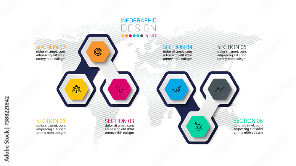 The hexagonal shape shows the structure, explains the process and presents results and ideas about marketing, business, or advertising. vector infographic.