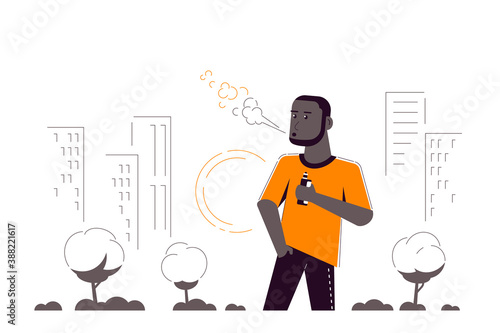 Male Character Enjoying Vape Smoking Outdoor, Flat Style Vector