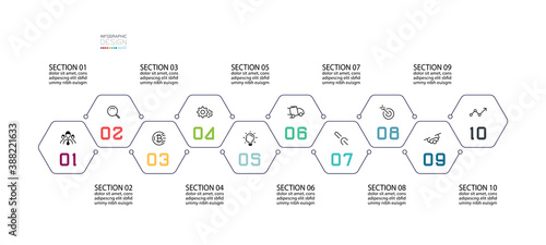 10 sections to connect hexagonal shapes explain the study and presenting various information by vector infographics with stroke line.