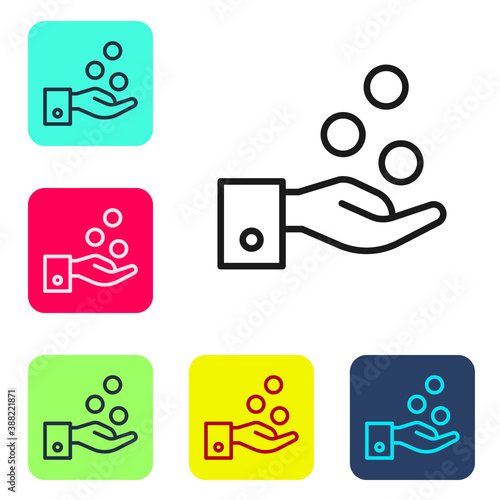 Black line People paying tips to service staff in restaurant and hotel icon isolated on white background. Tips money cash coin hotel resort service. Set icons in color square buttons. Vector.