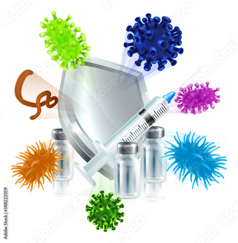 A syringe injection and medicine vial bottles with shield deflecting bacteria or virus cells. Medical concept for immunisation protection from a vaccine, herd immunity or other. photo