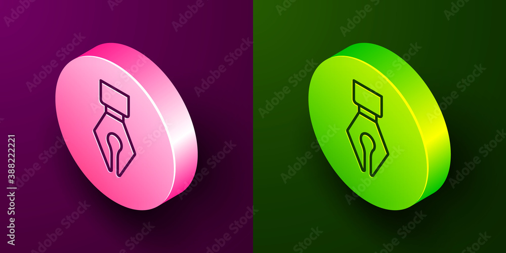 Isometric line Fountain pen nib icon isolated on purple and green background. Pen tool sign. Circle button. Vector. Isometric line Fountain pen nib icon isolated on purple and green background. Pen tool sign. Circle button. Vector.
