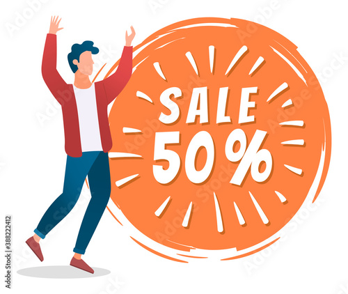 Sale promotion design template. Happy man standing both hands joyfully raised up and sale lettering with persent in round frame vector illustration. Discount advertising poster, hot season banner photo