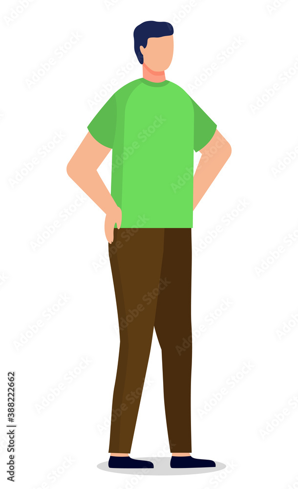 Young brunette man standing straight on floor. Person folded arms on his sides. Man dressed in green shirt and brown pants. Adult human isolated on white background. Vector illustration in flat style