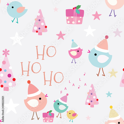 Cute colorful Christmas seamless pattern with Santa hats on happy birds, trees, presents and stars. Great for winter fabric, textile, holiday wrapping paper, scrapbooking. Surface pattern vector