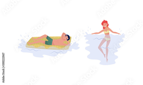 Young Woman Swimming and Man in Swimsuit Resting on Rubber Raft Vector Illustration Set