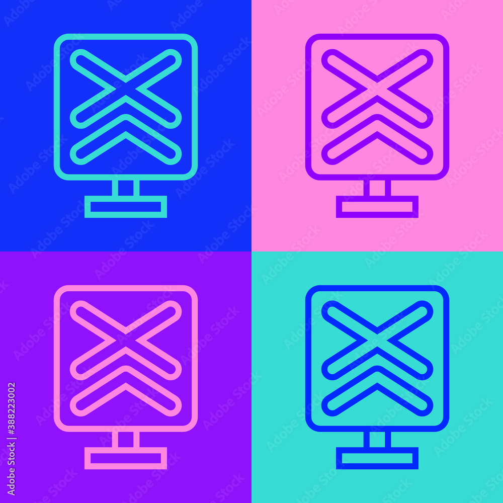 Pop art line Railroad crossing icon isolated on color background. Railway sign. Vector. Pop art line Railroad crossing icon isolated on color background. Railway sign. Vector.