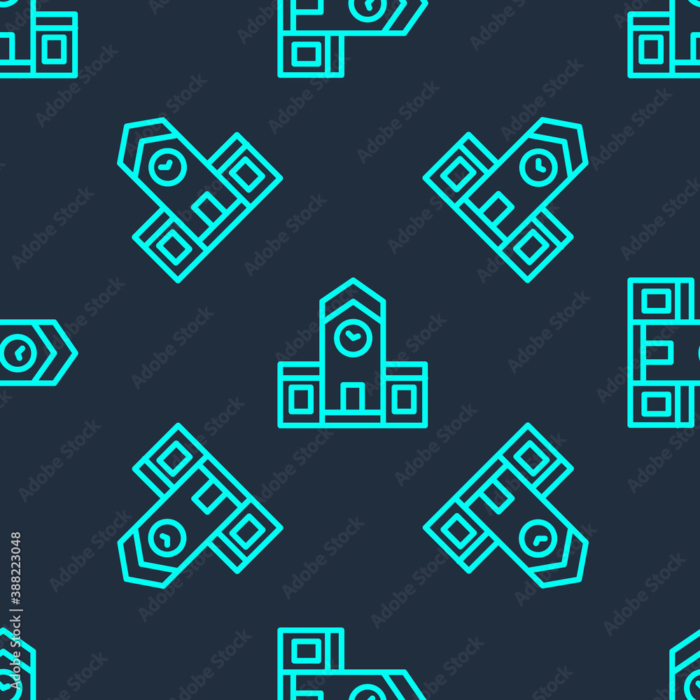 Green line Railway station icon isolated seamless pattern on blue background. Vector.