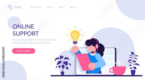 Online technical support 24-7. Concept customer and operator. Female hotline operator advises client. Online assistant, virtual help service. Modern flat illustration.