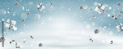 Merry Christmas and New Year blue background with flying gift boxex, silver ribbon, decoration, sparkles, confetti, bokeh. Xmas holiday card. Vector Illustration, realistic vector