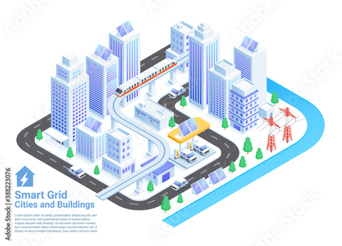 Smart grid cities and buildings isometric vector illustrations.