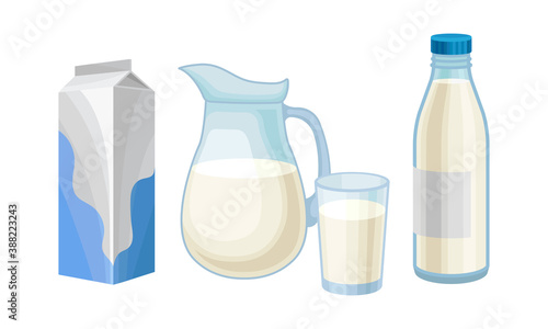 Milk in Bottle, Jug and Carton as Dairy Product Vector Set