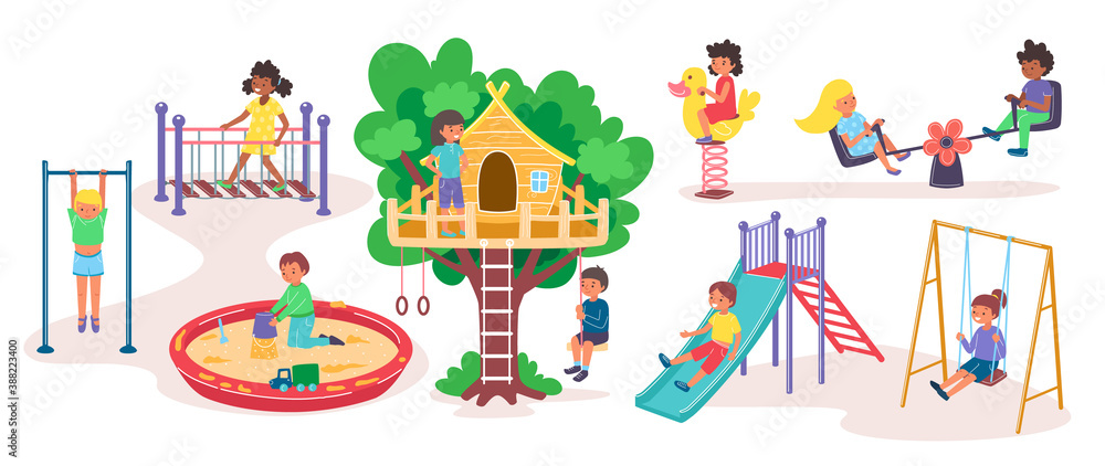 Naklejka premium Children and kids playground in park, summer entertainment outdoor elements set of vector illustrations. Kids bars and swings, walking park.
