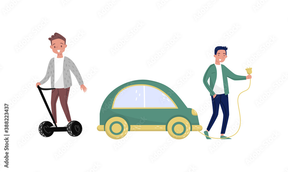 Eco Friendly Man Charging Electric Car and Riding Scooter Vector Illustration Set Eco Friendly Man Charging Electric Car and Riding Scooter Vector Illustration Set